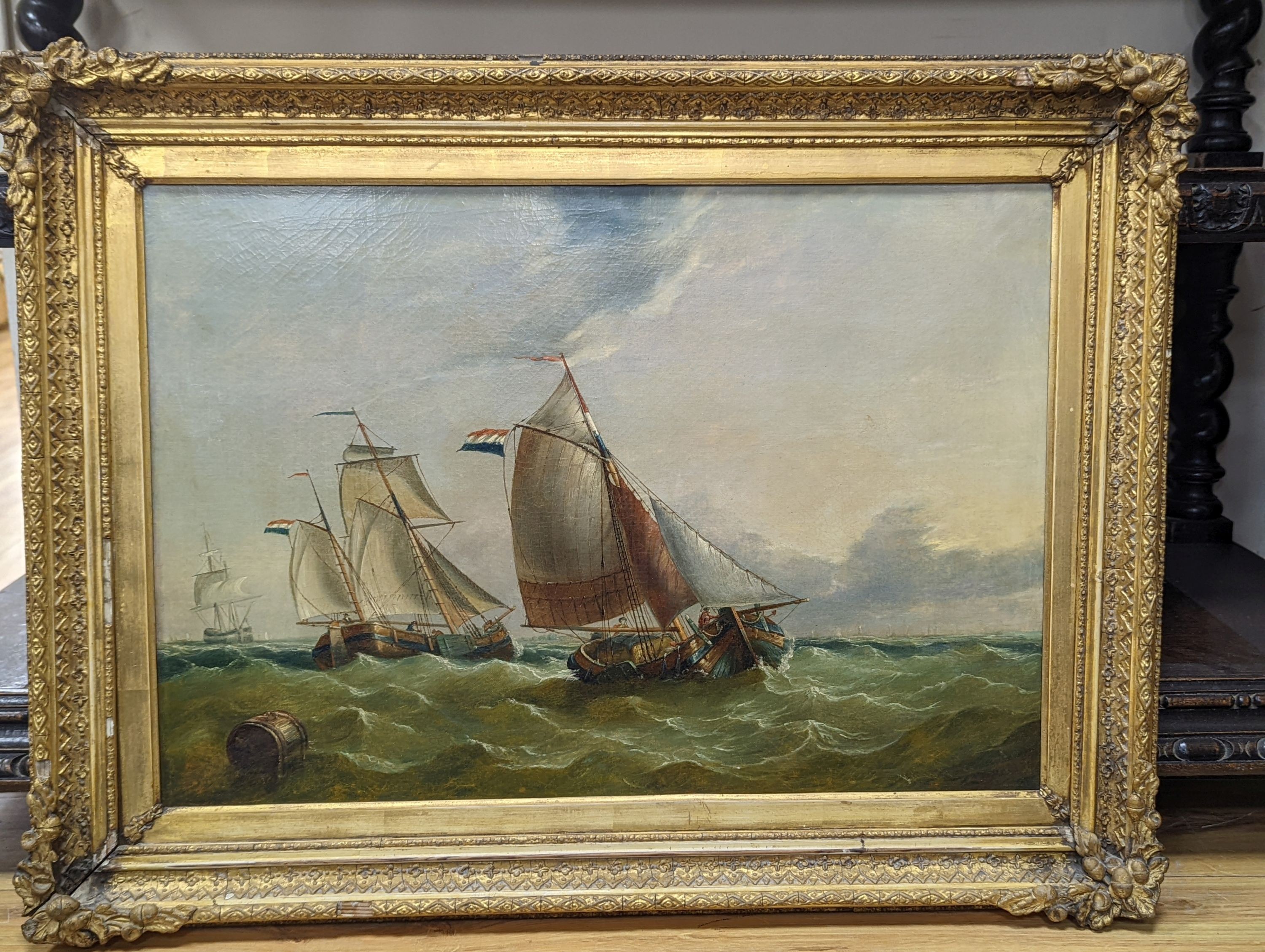 Dutch school, Oil on canvas, fishing boats on choppy waters, c.1900, 40.5 x 59cm